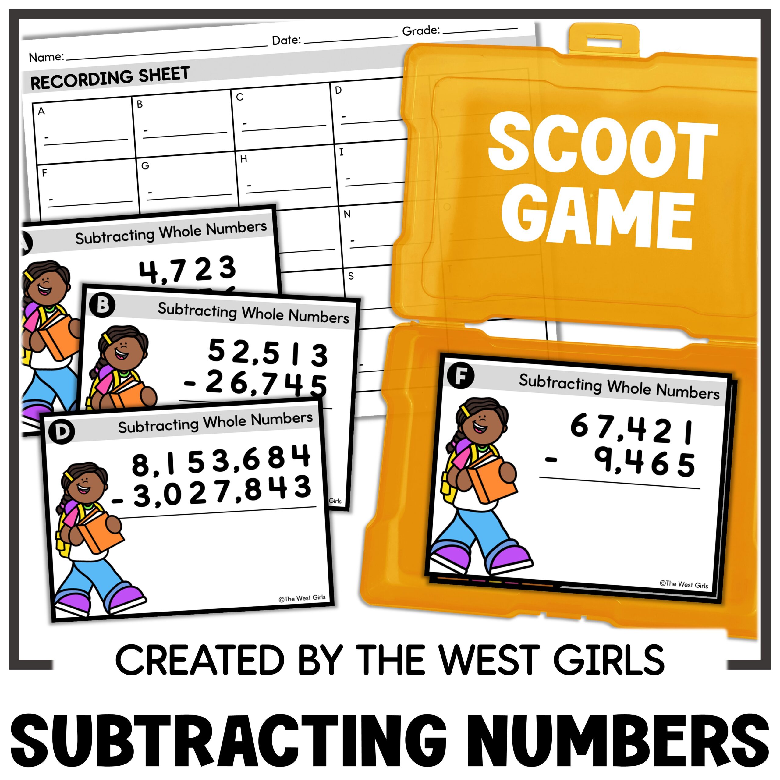 Subtracting Whole Numbers up to Millions Scoot Game 3rd 4th 5th Grade Math